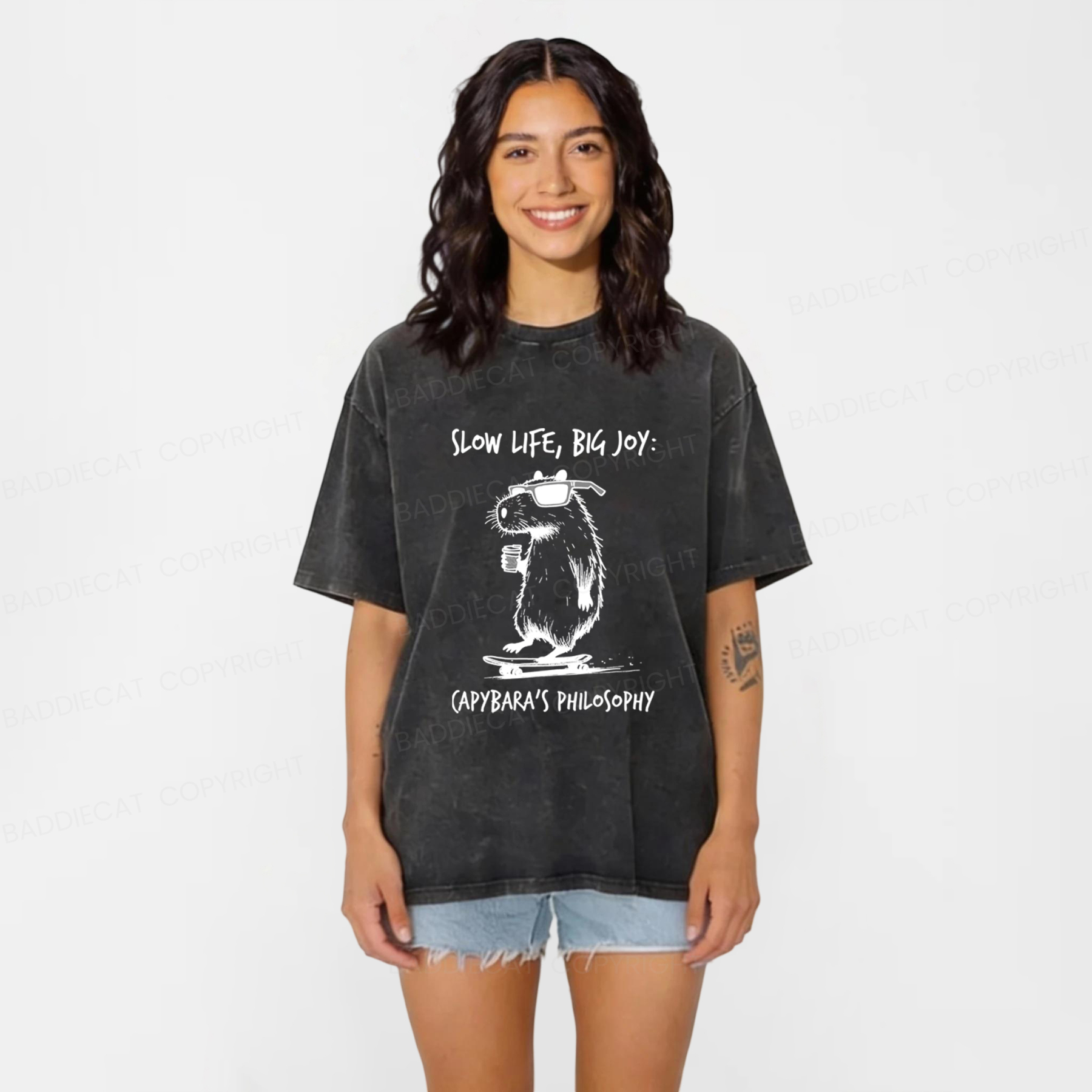 Baddiecat Capybara Playing On A Skateboard Washed T-Shirt