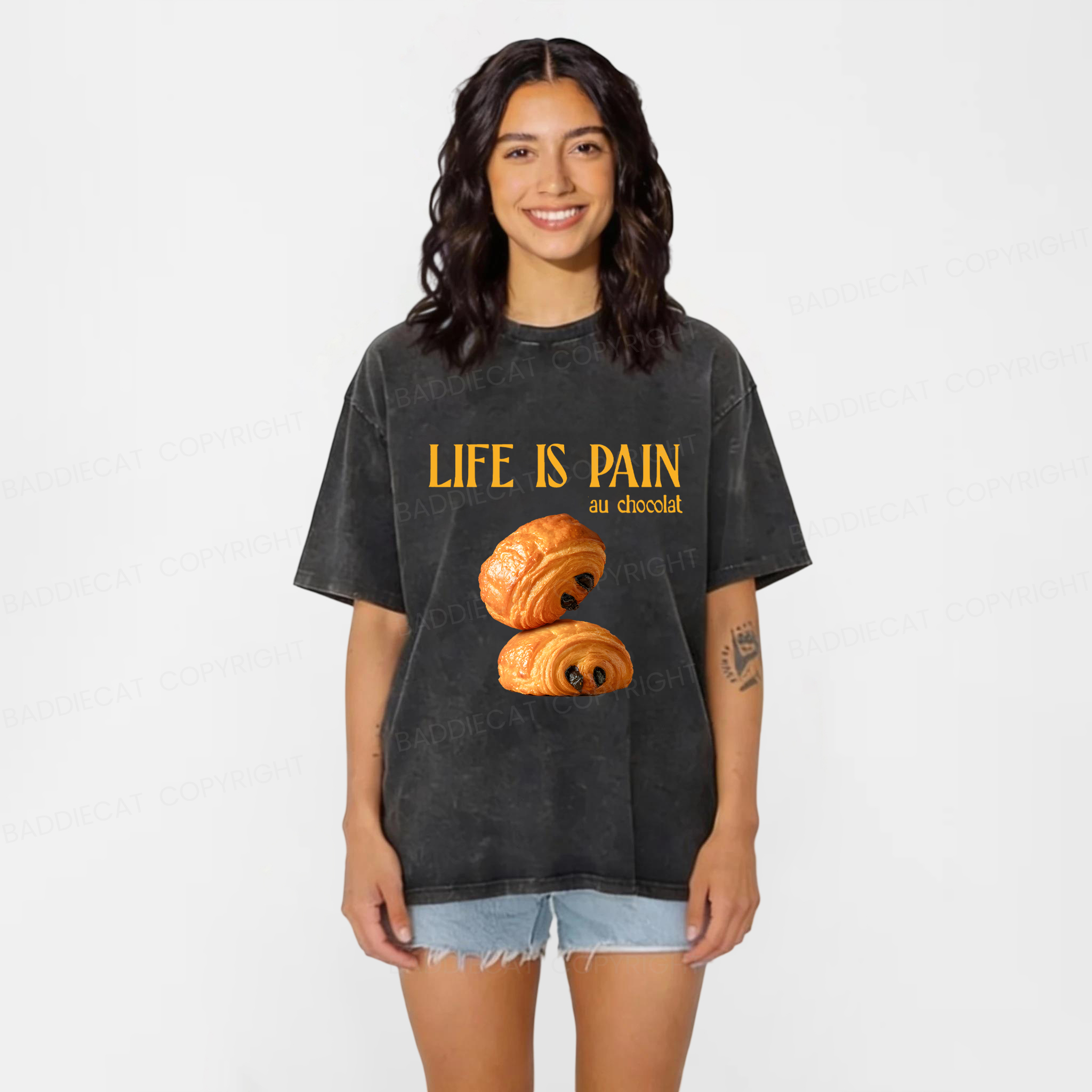 Baddiecat Life Is Pain Au Chocolat Washed T-shirt