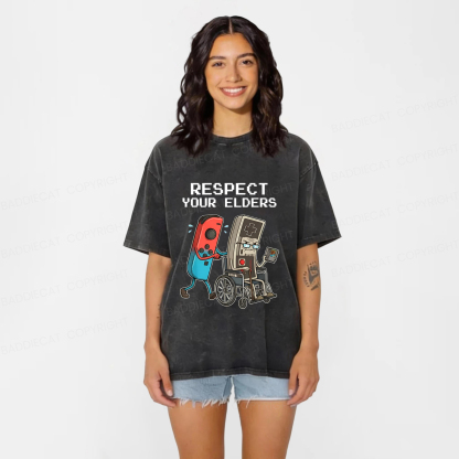 Baddiecat Retro Respect Your Elders Old Controller Vintage Gaming Funny Washed T-shirt