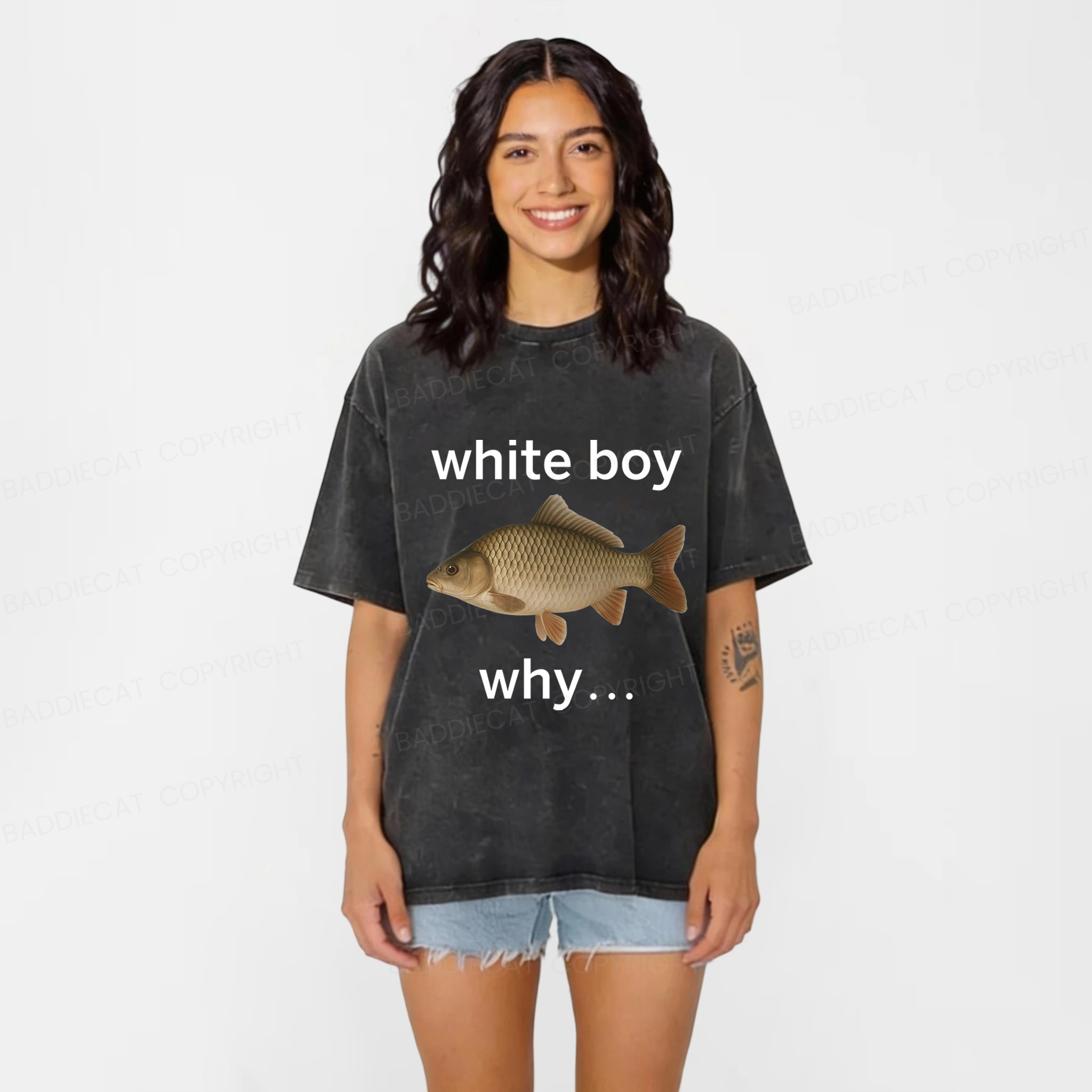 Baddiecat White Boy Why Funny Fish Meme Washed T-shirt