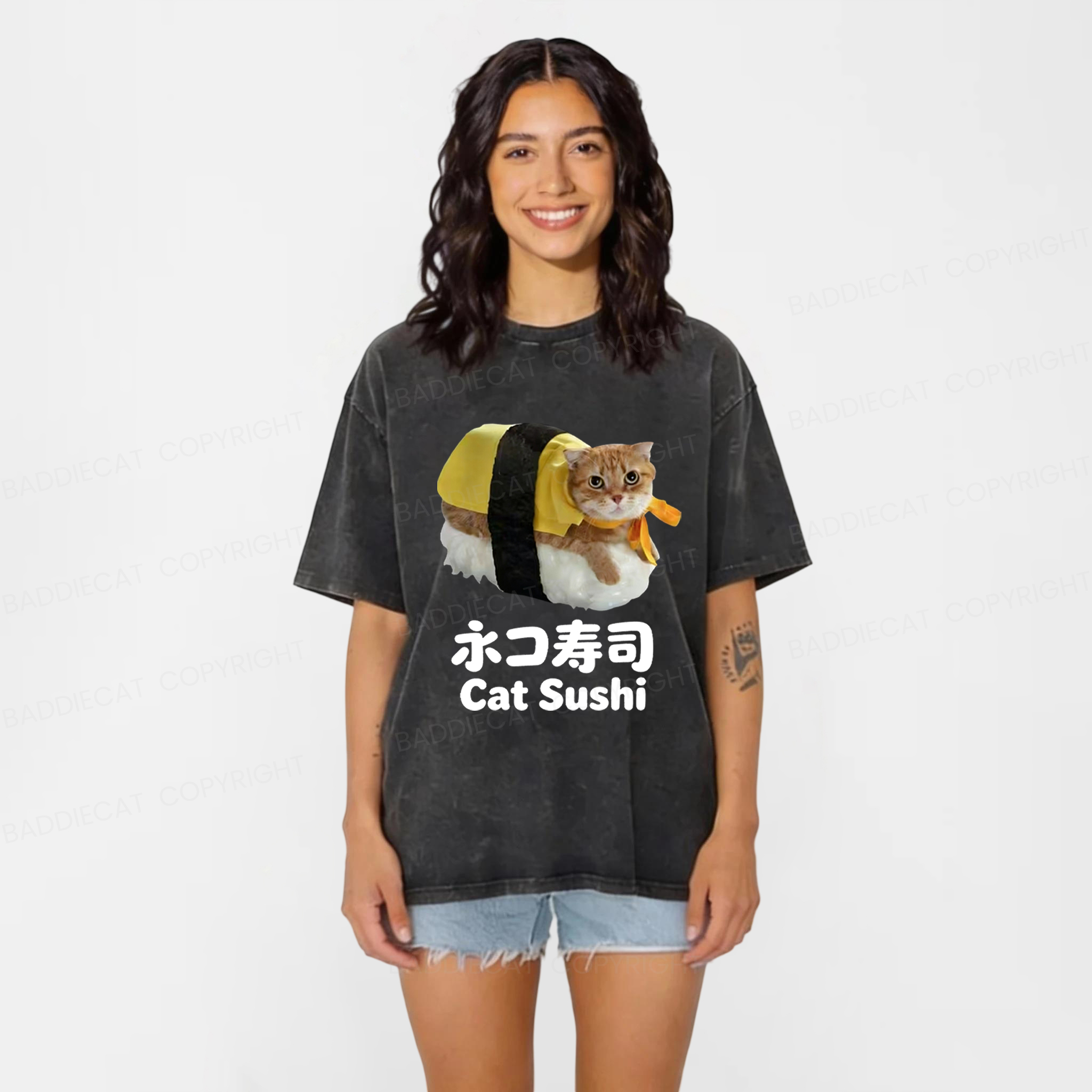 Baddiecat Cat Sushi Washed T-shirt