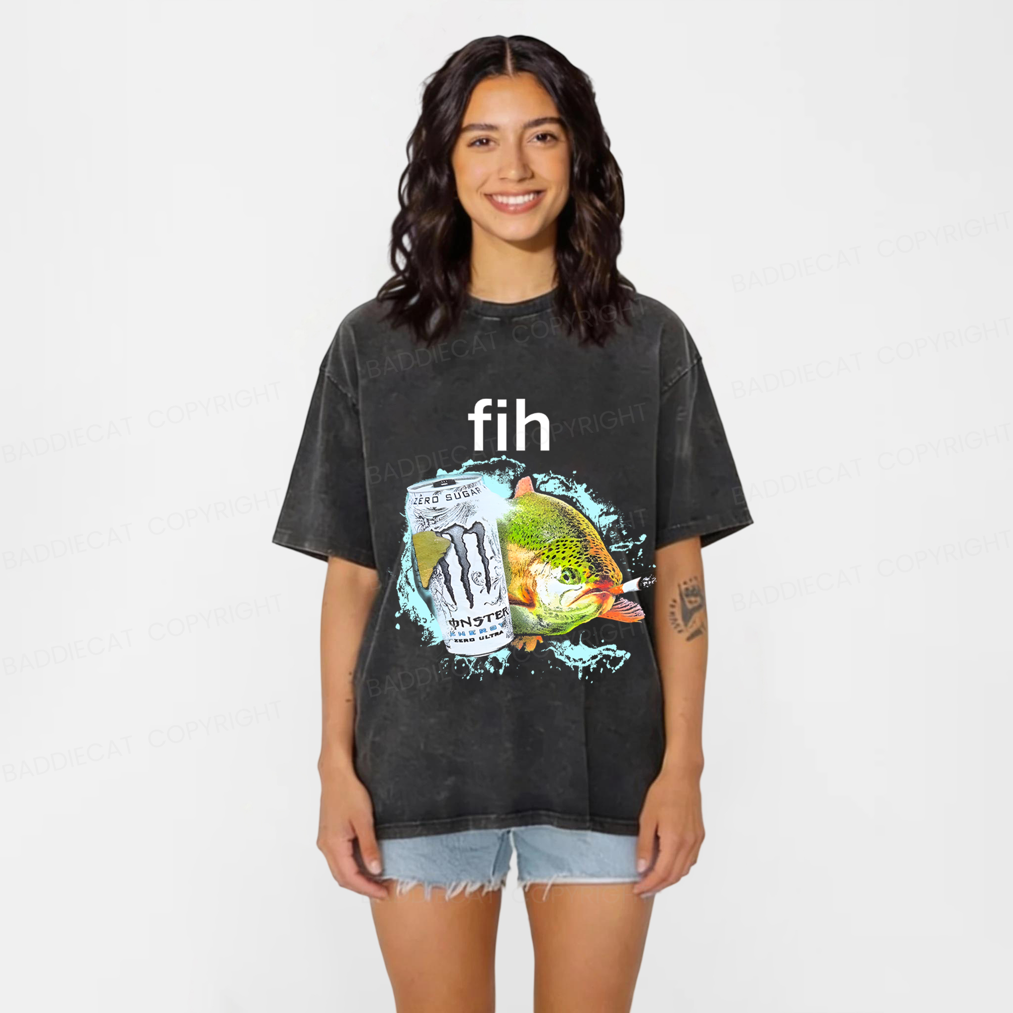 Baddiecat Funny Fish Meme Washed T-shirt