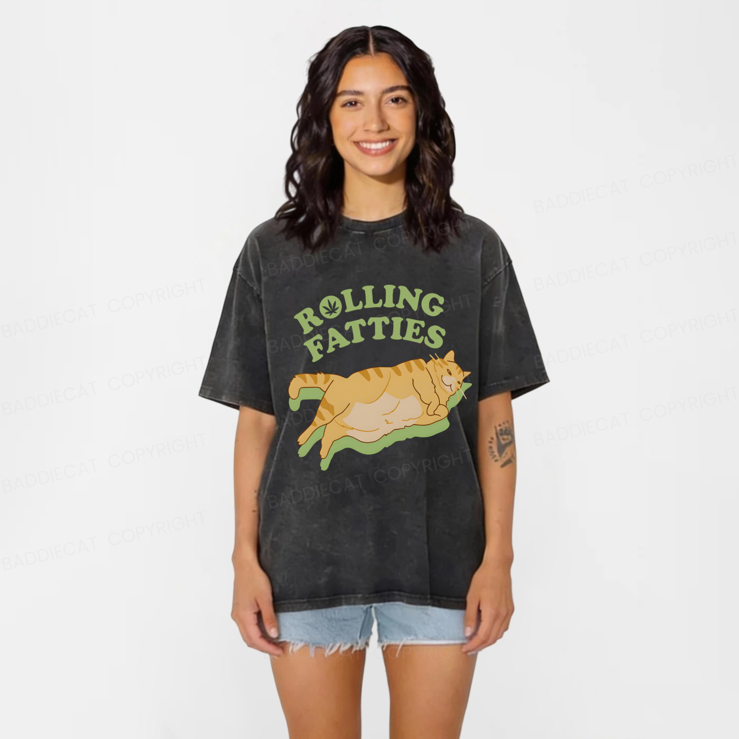 Baddiecat Rolling Fatties Cat Funny Meme Washed T-shirt