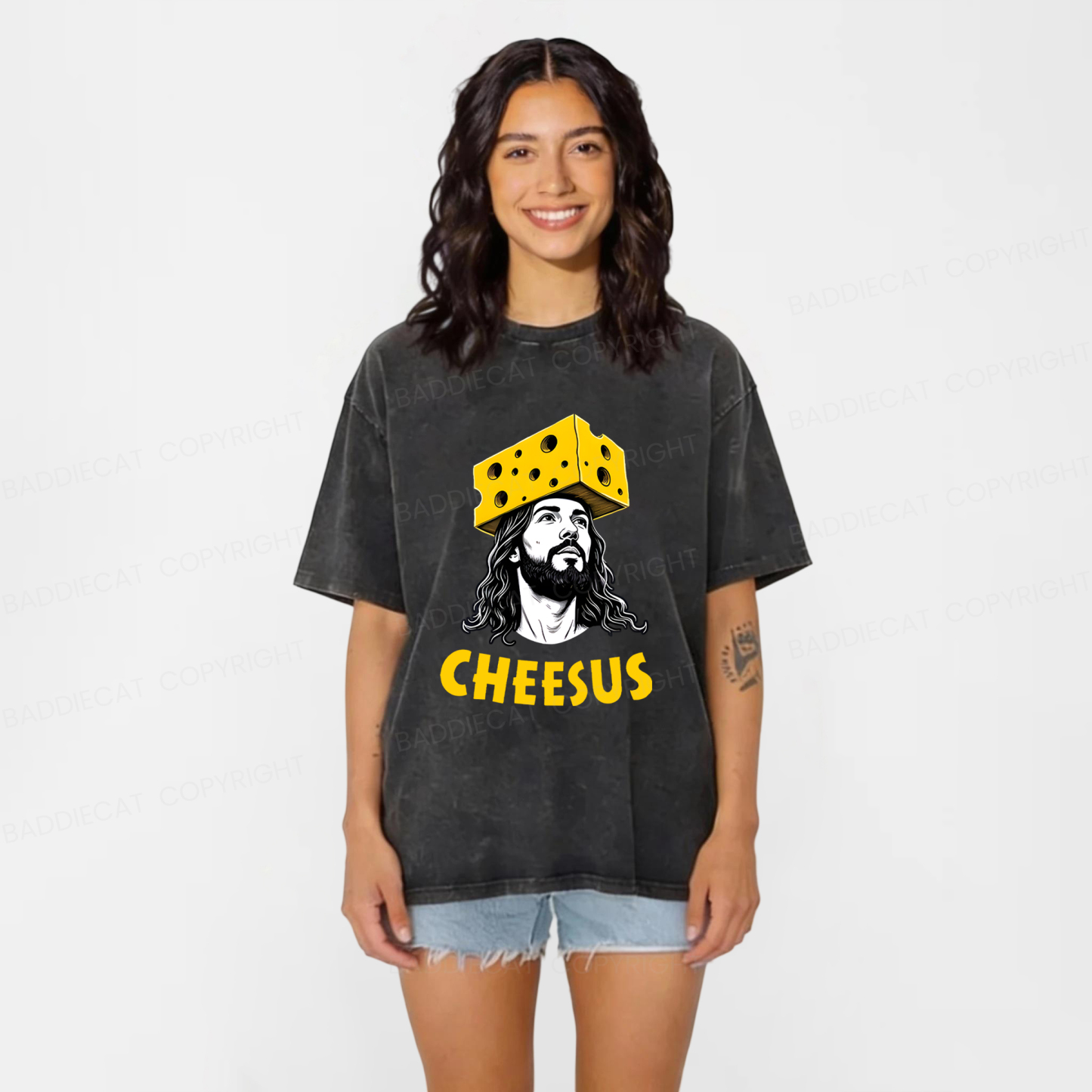 Baddiecat Cheesus Cheese Face Washed T-shirt