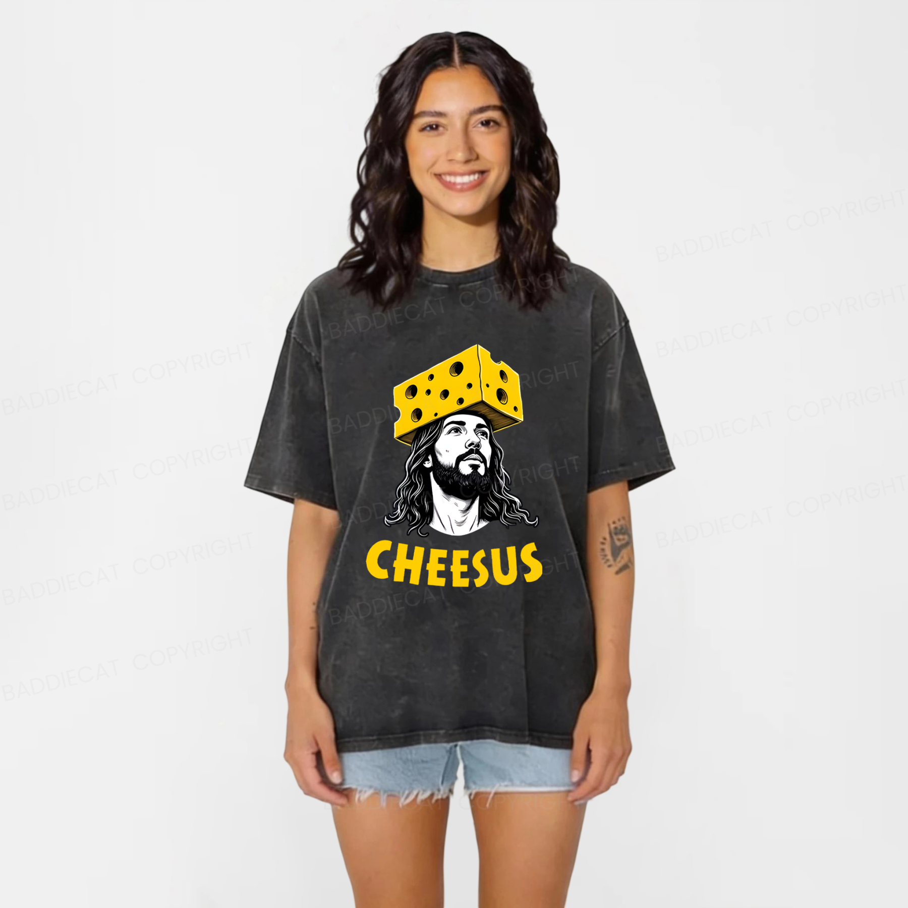 Baddiecat Cheesus Cheese Face Washed T-shirt