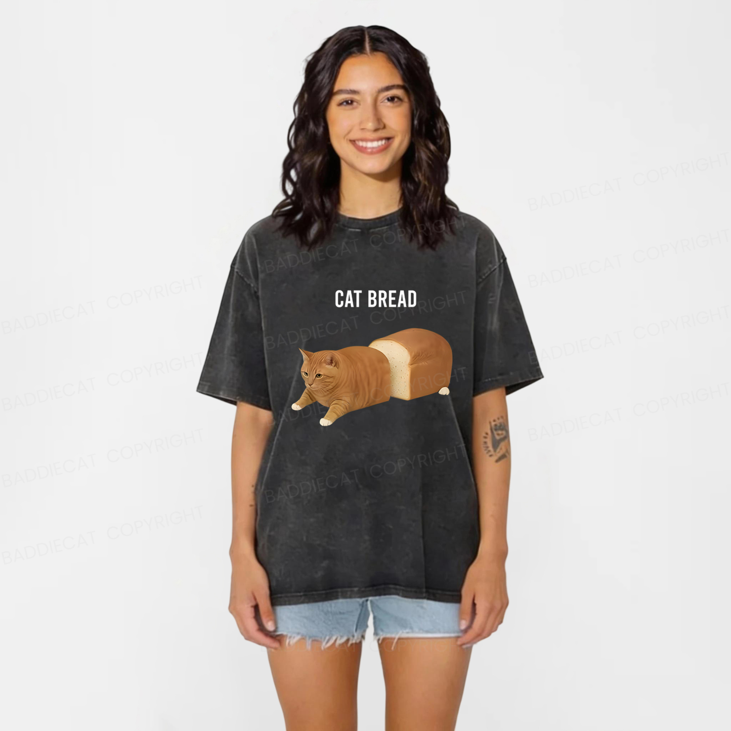Baddiecat Cat Bread Funny Meme Washed T-shirt
