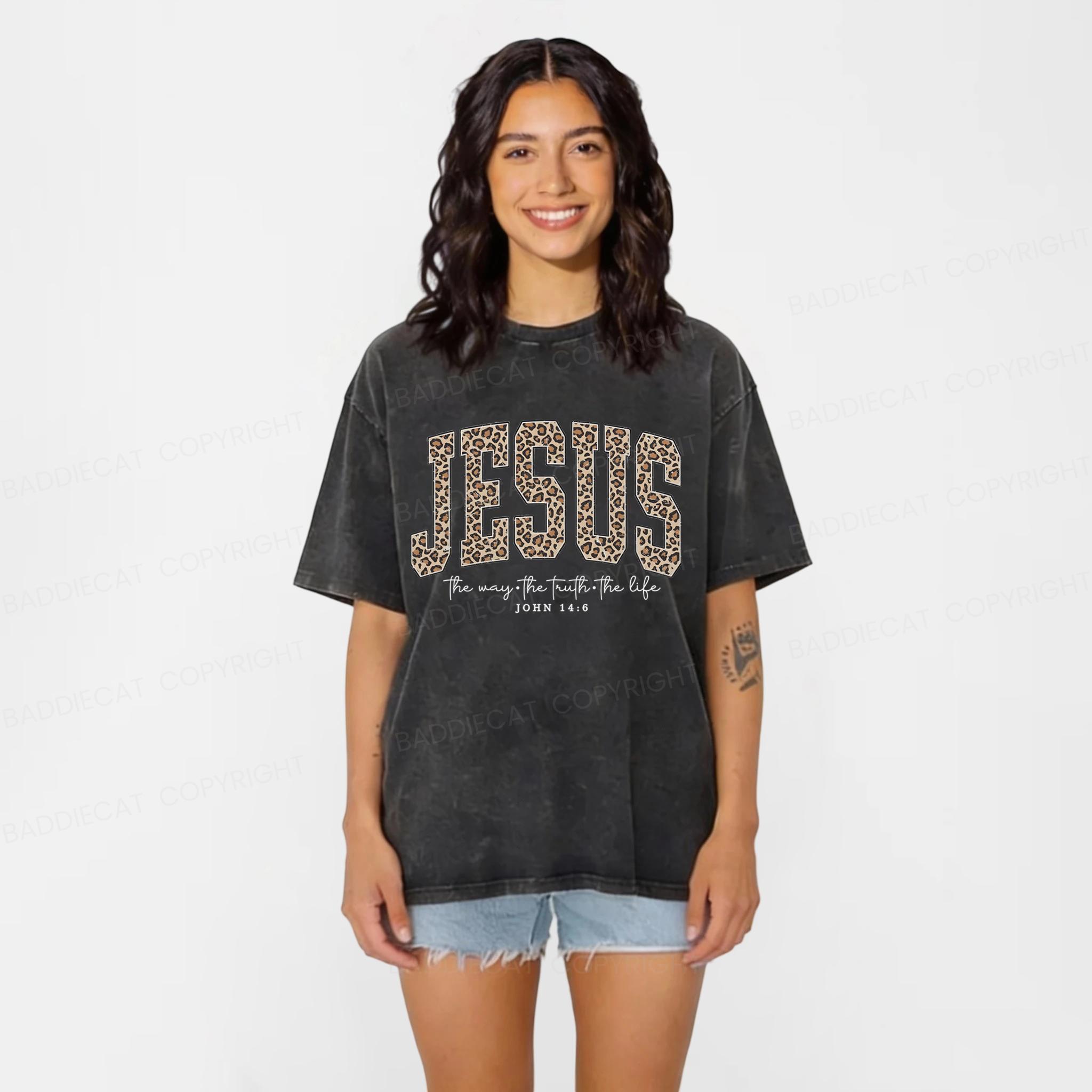 Baddiecat The Way The Truth The Life Jesus Leopard Washed T-shirt