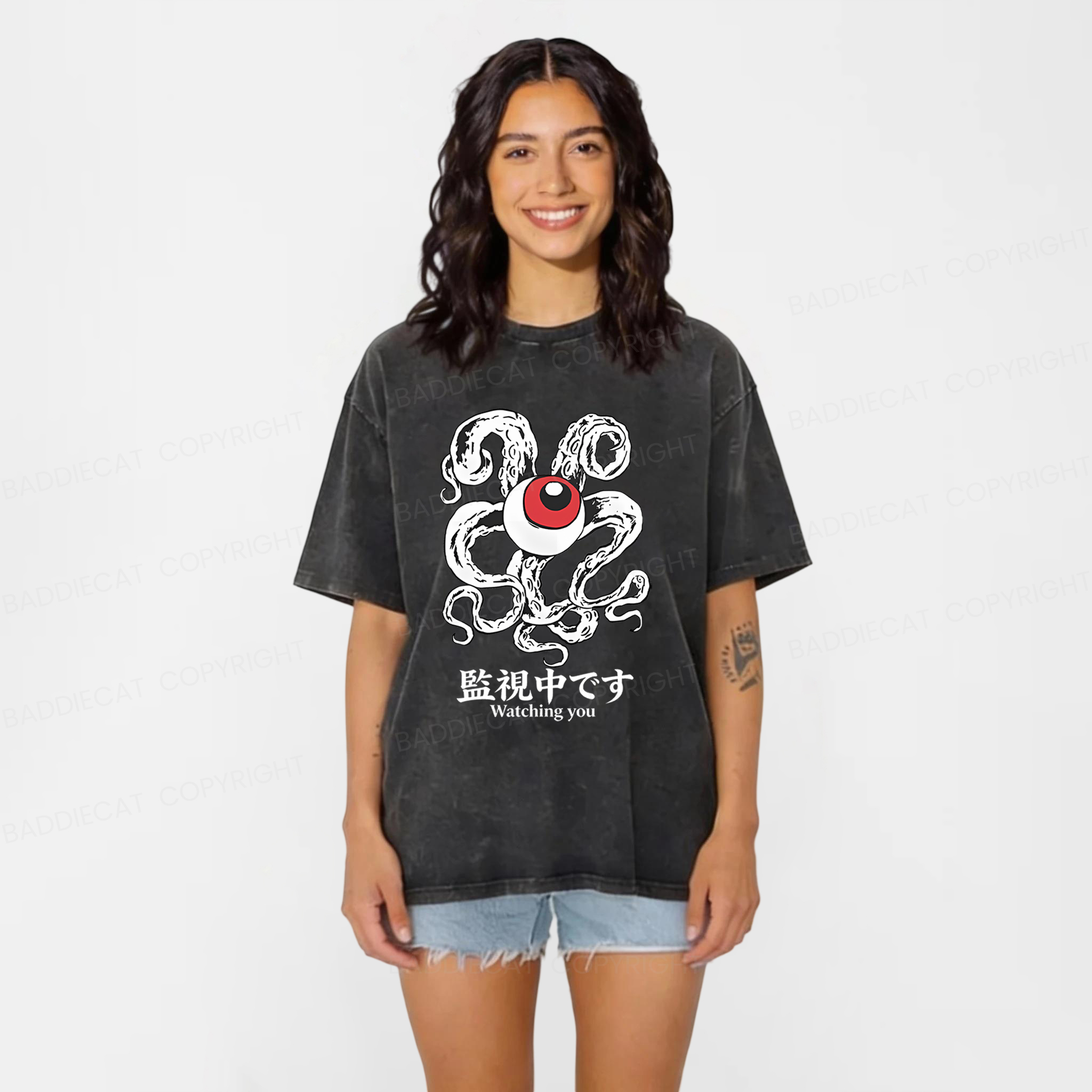 Baddiecat Eye Watching You Washed T-shirt