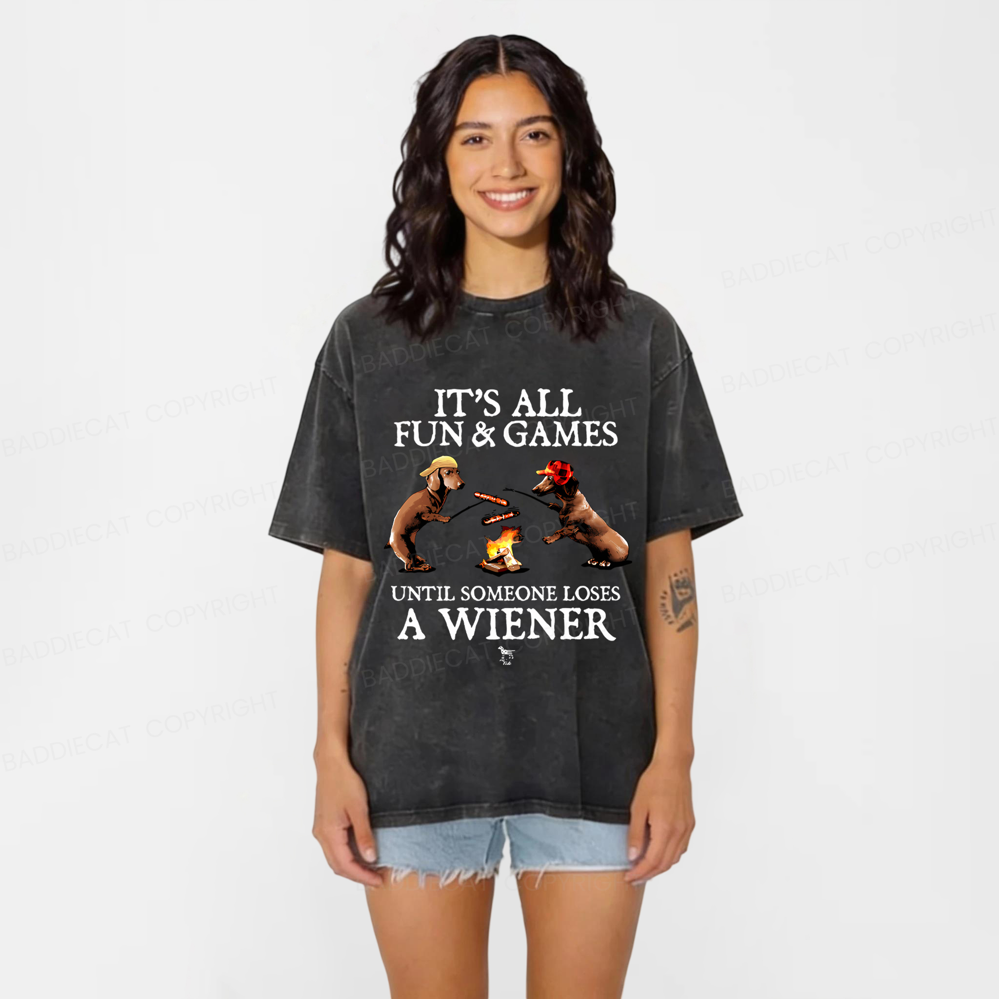 Baddiecat Dachshunds Grilling Sausages Washed T-shirt