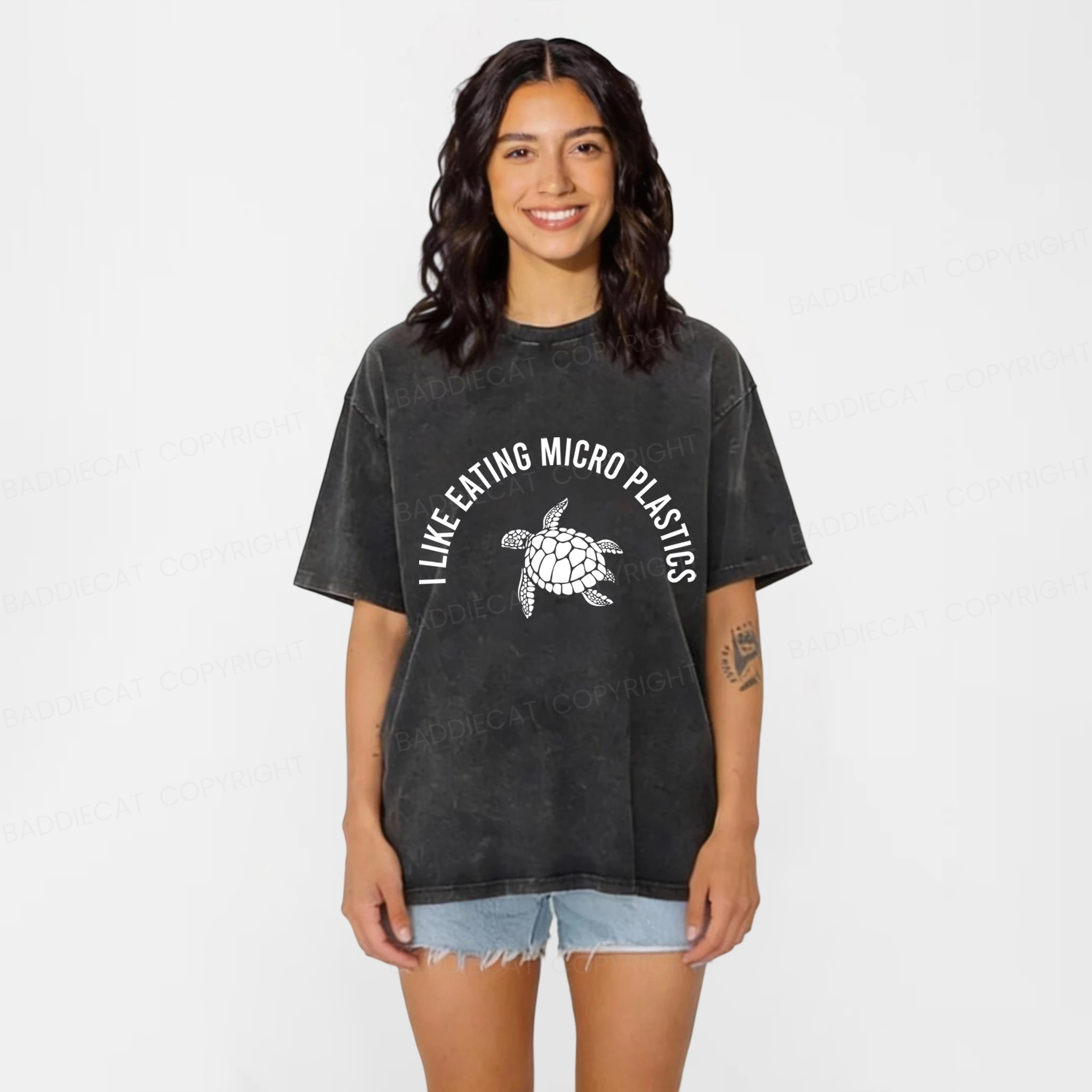 Baddiecat I Like Eating Micro Plastics Sea turtles Environmental Protection Washed T-shirt