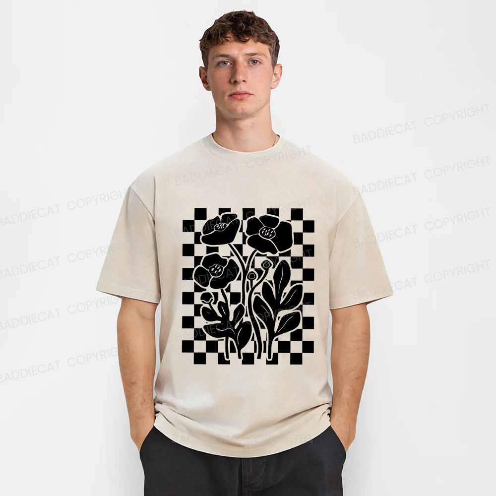 Baddiecat Poppy Checkered Flowers Washed T-shirt