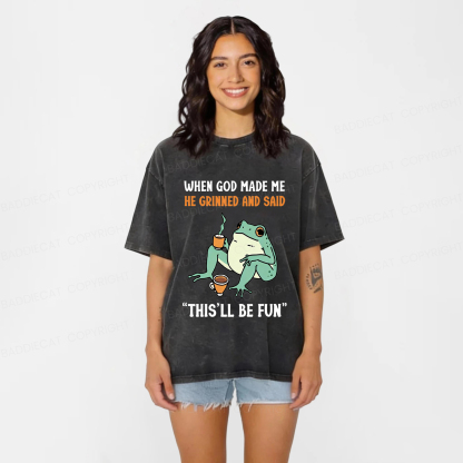 Baddiecat When God Made Me He Grinned Frog Washed T-shirt