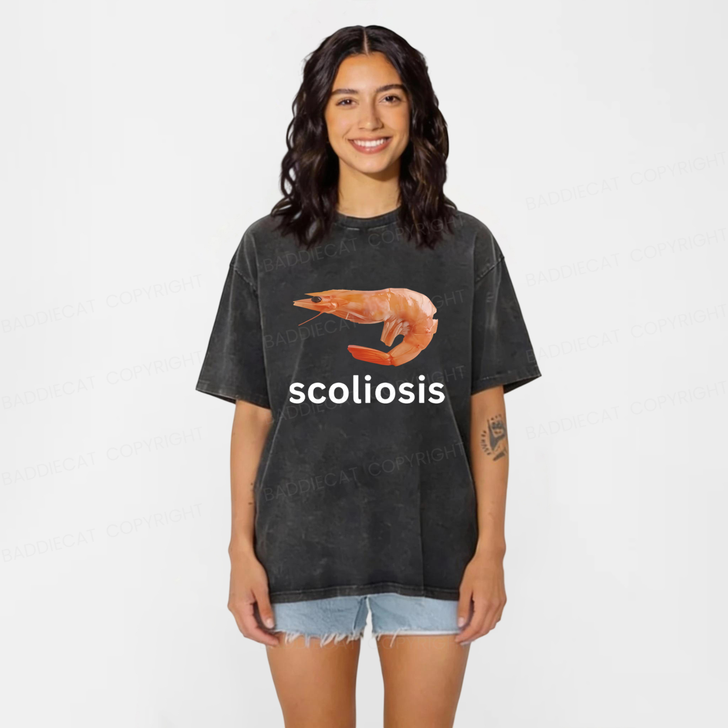 Baddiecat Scoliosis Shrimp Washed T-shirt