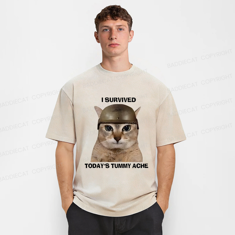 Baddiecat I Survived Today's Tummy Ache Washed T-shirt