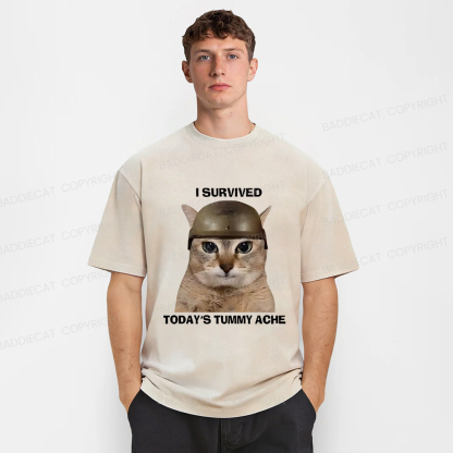 Baddiecat I Survived Today's Tummy Ache Washed T-shirt