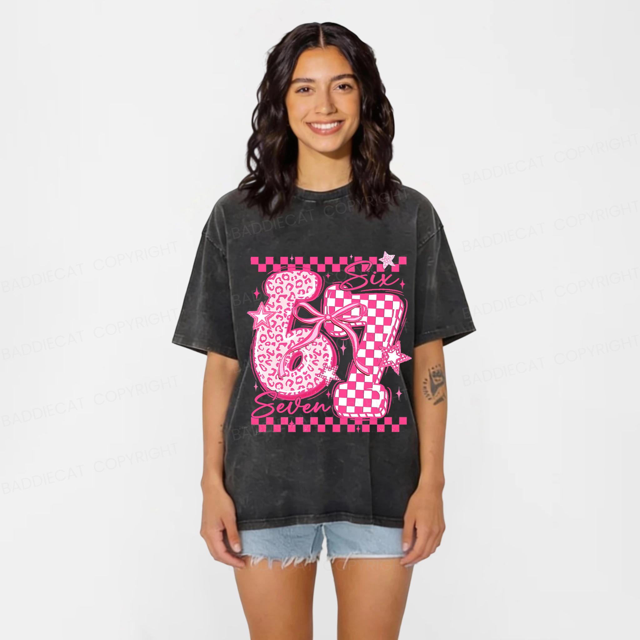 Baddiecat Y2K Groovy Pink Cheetah Checkerboard Six Seven Washed T-shirt