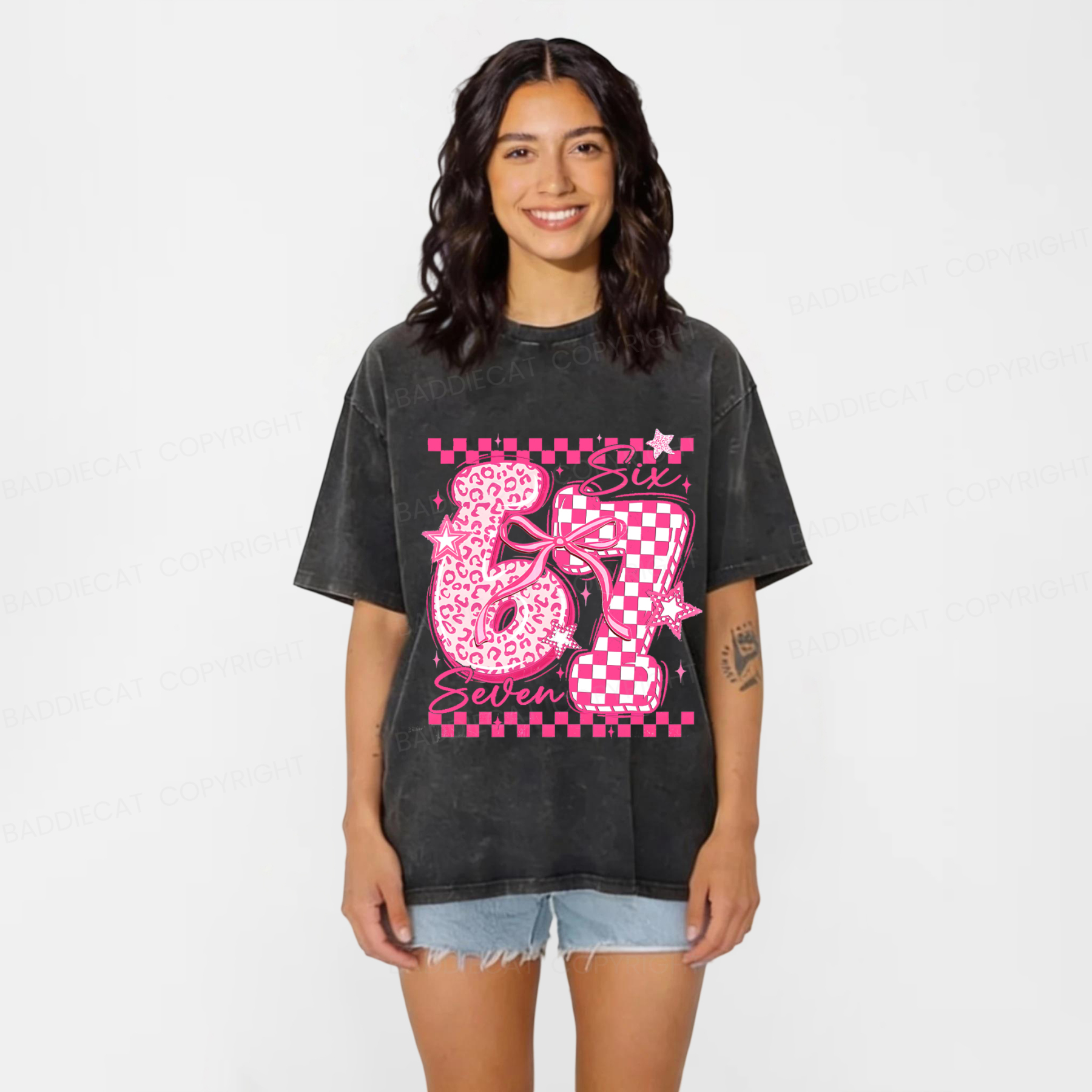 Baddiecat Y2K Groovy Pink Cheetah Checkerboard Six Seven Washed T-shirt
