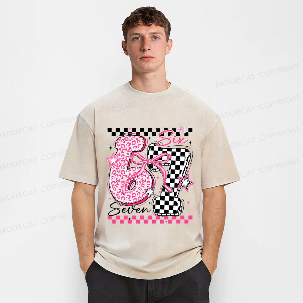 Baddiecat Y2K Groovy Pink Cheetah Checkerboard Six Seven Washed T-shirt