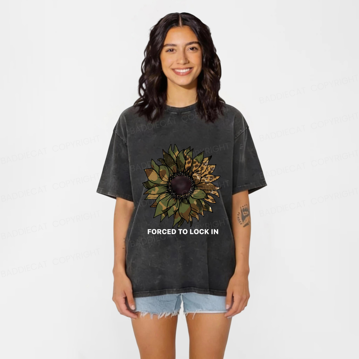 Baddiecat Camo Sunflower Washed T-shirt