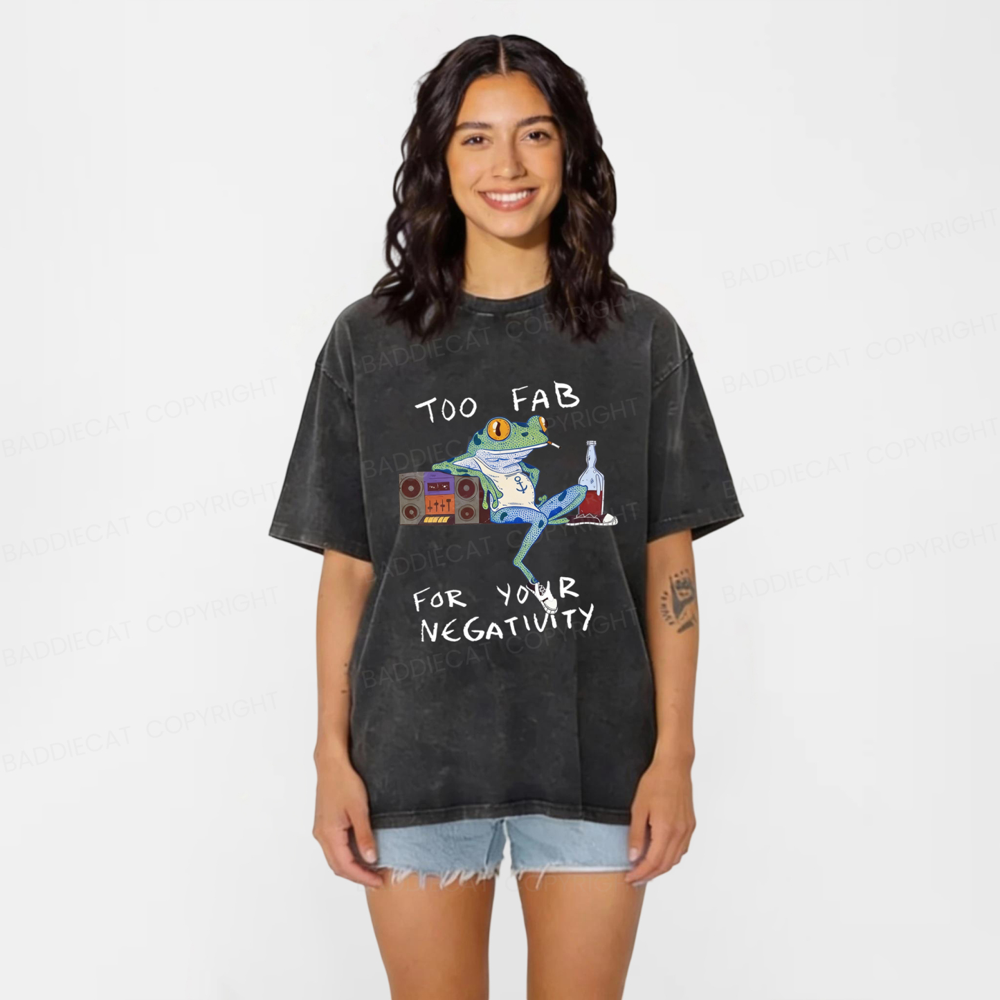 Baddiecat Too Fab For Your Negativity Smoking Frog Washed T-shirt