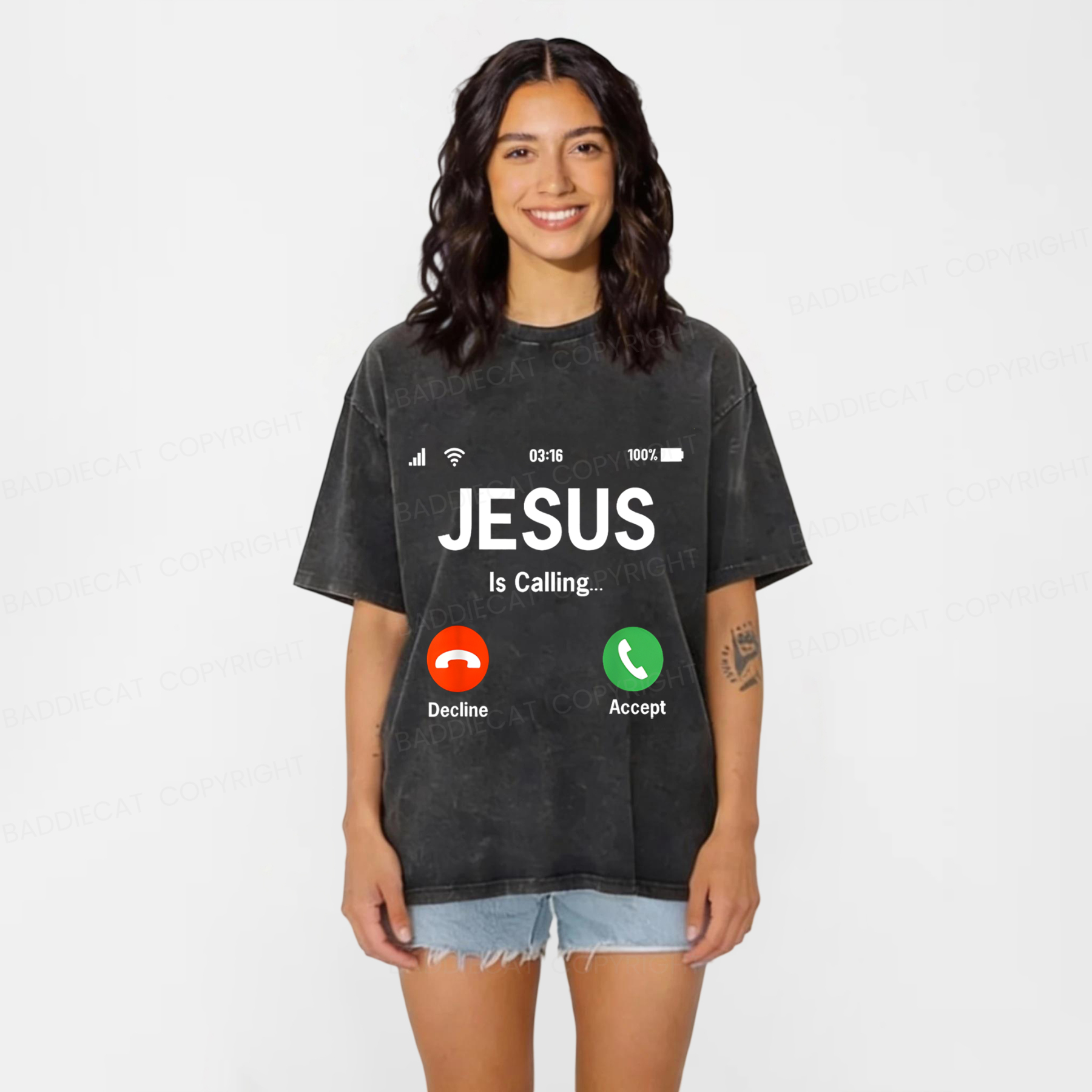 Baddiecat Jesus Christian faith Funny Meme Washed T-shirt