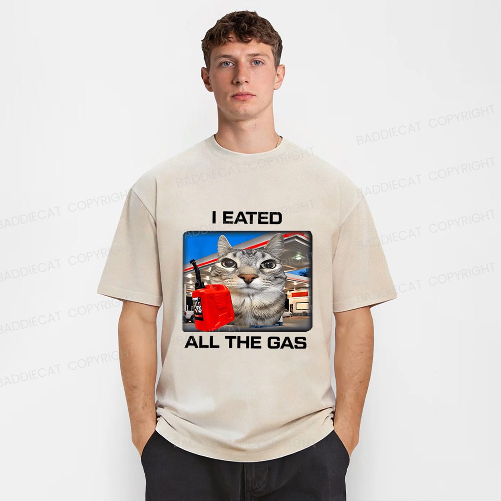 Baddiecat I Eated All The Gas Funny Silly Staring Cat Meme Washed T-shirt