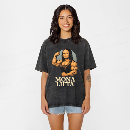 Baddiecat Powerlifting Gym Mona Lisa Parody Washed T-shirt