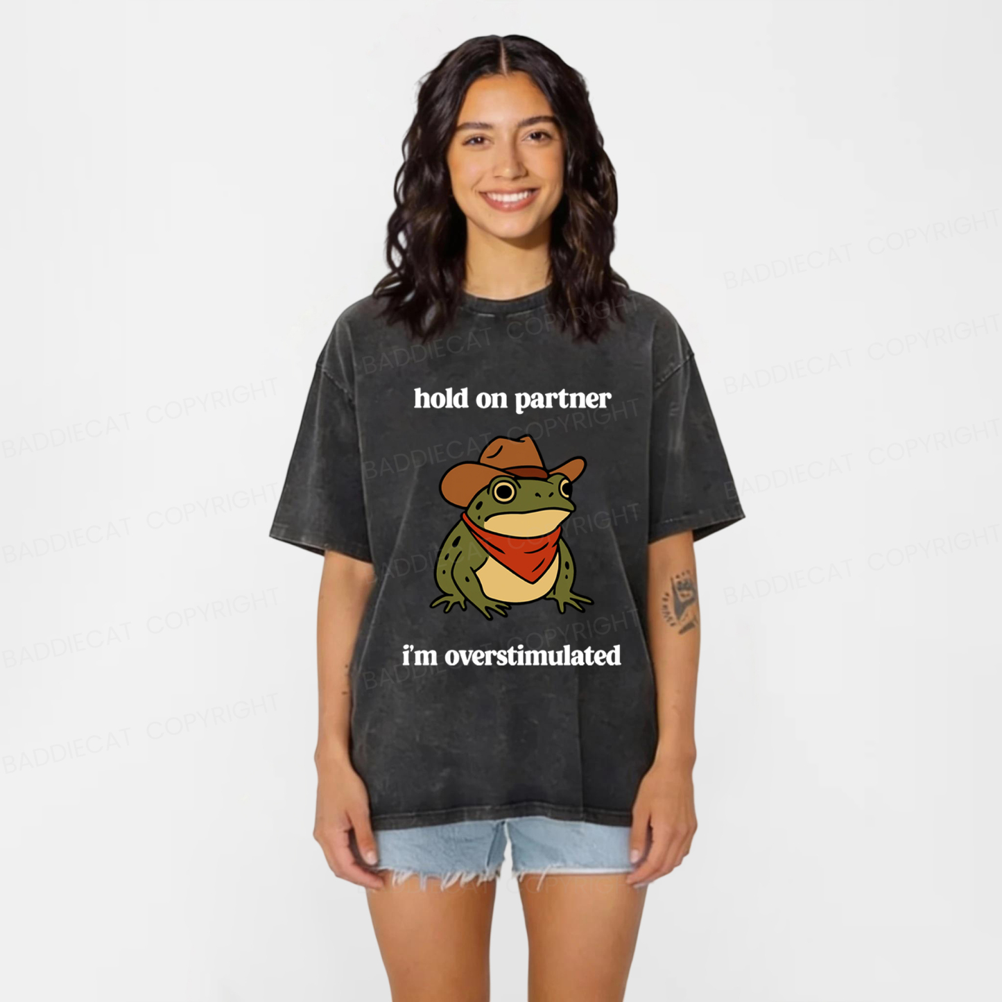 Baddiecat Hold On Partner I'm Overstimulated Frog Washed T-shirt