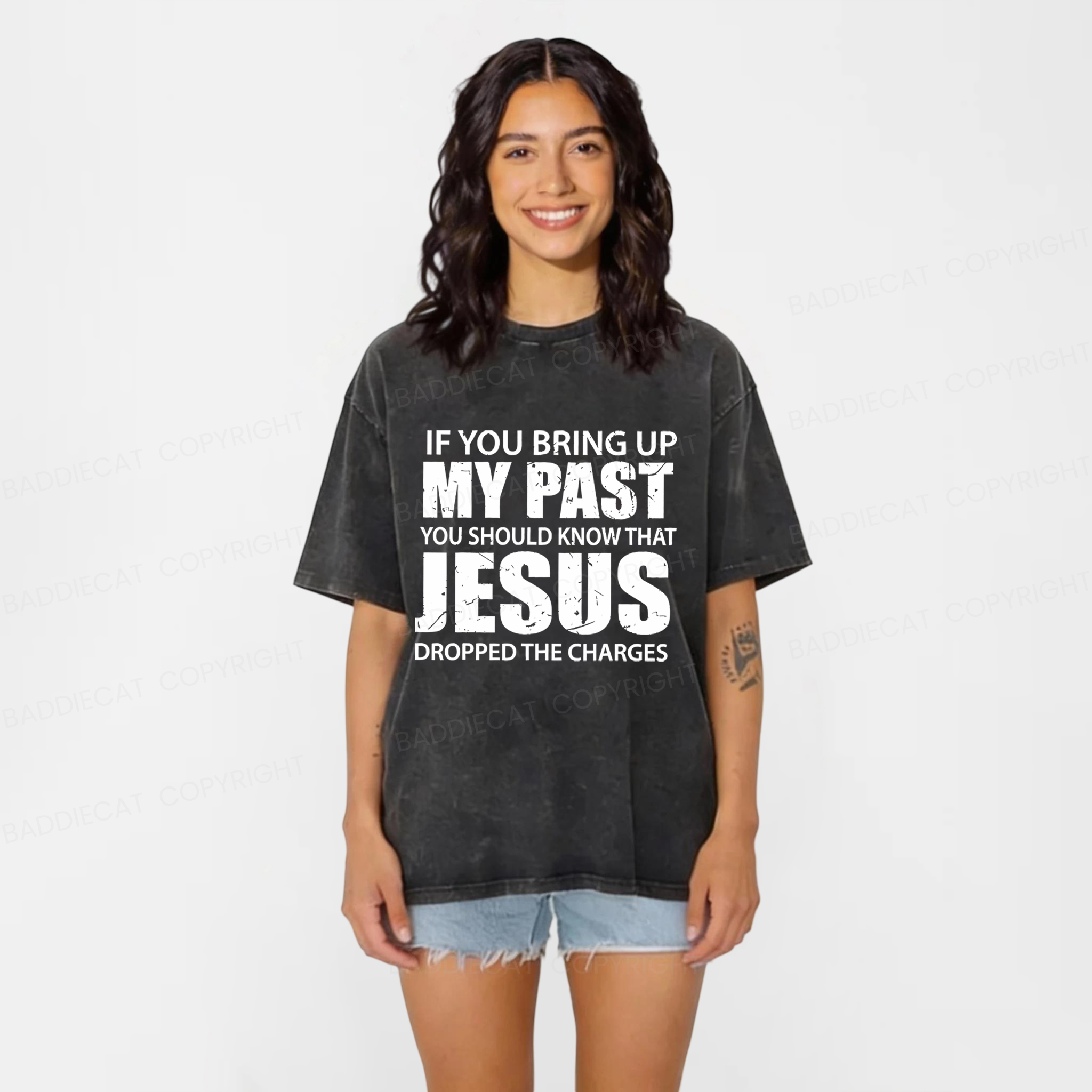 Baddiecat Jesus Christian Faith Washed T-shirt