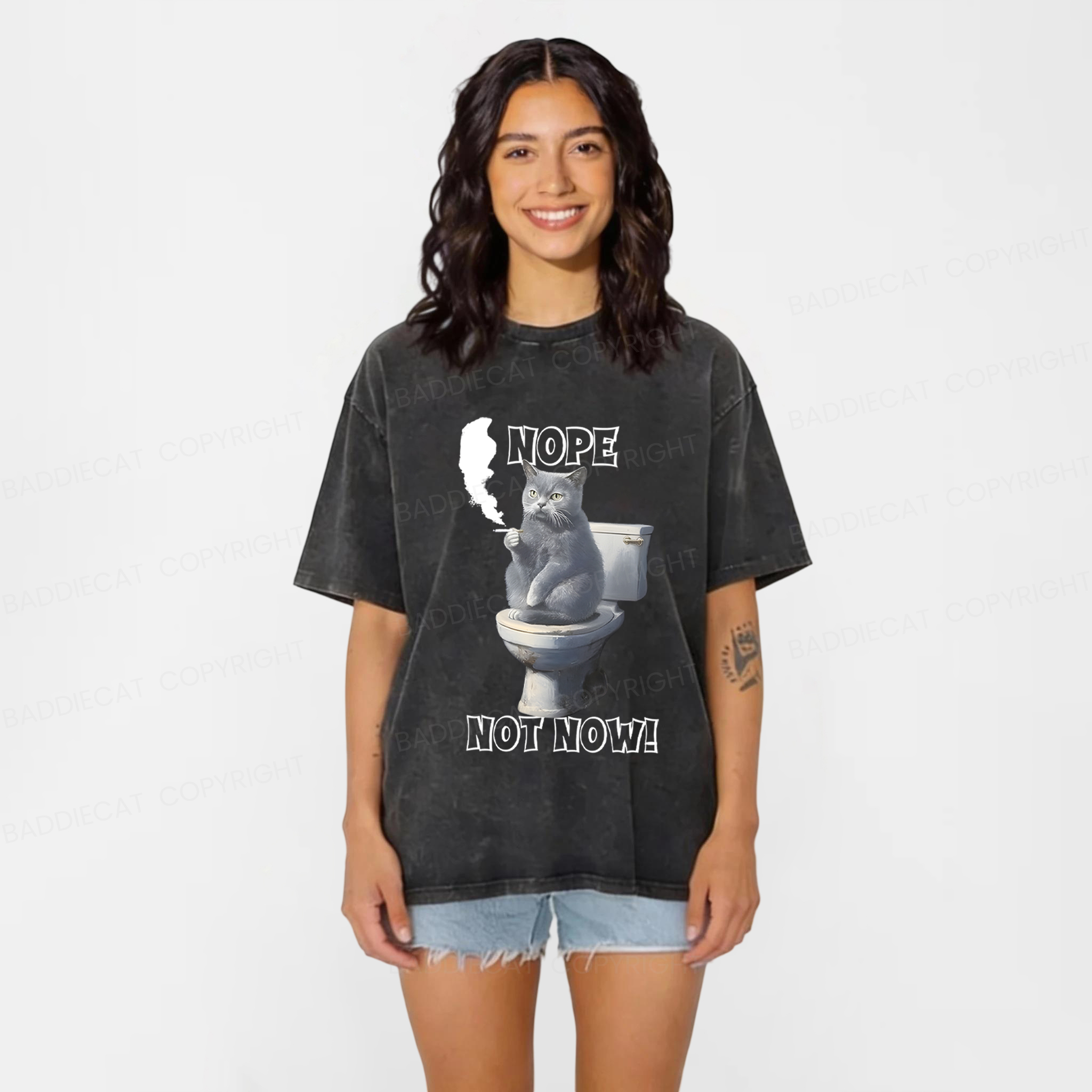 Baddiecat Cat Nope Not Now Washed T-Shirt