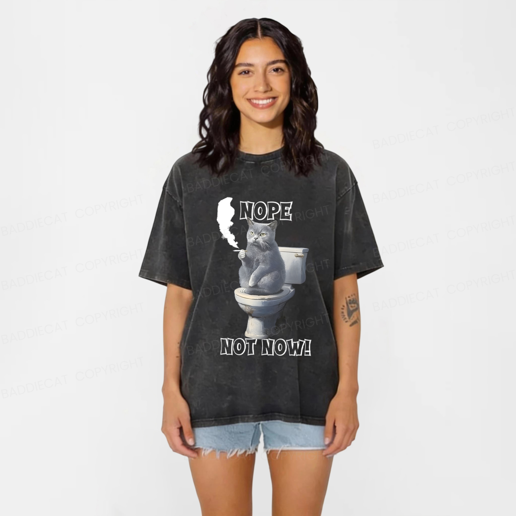Baddiecat Cat Nope Not Now Washed T-Shirt