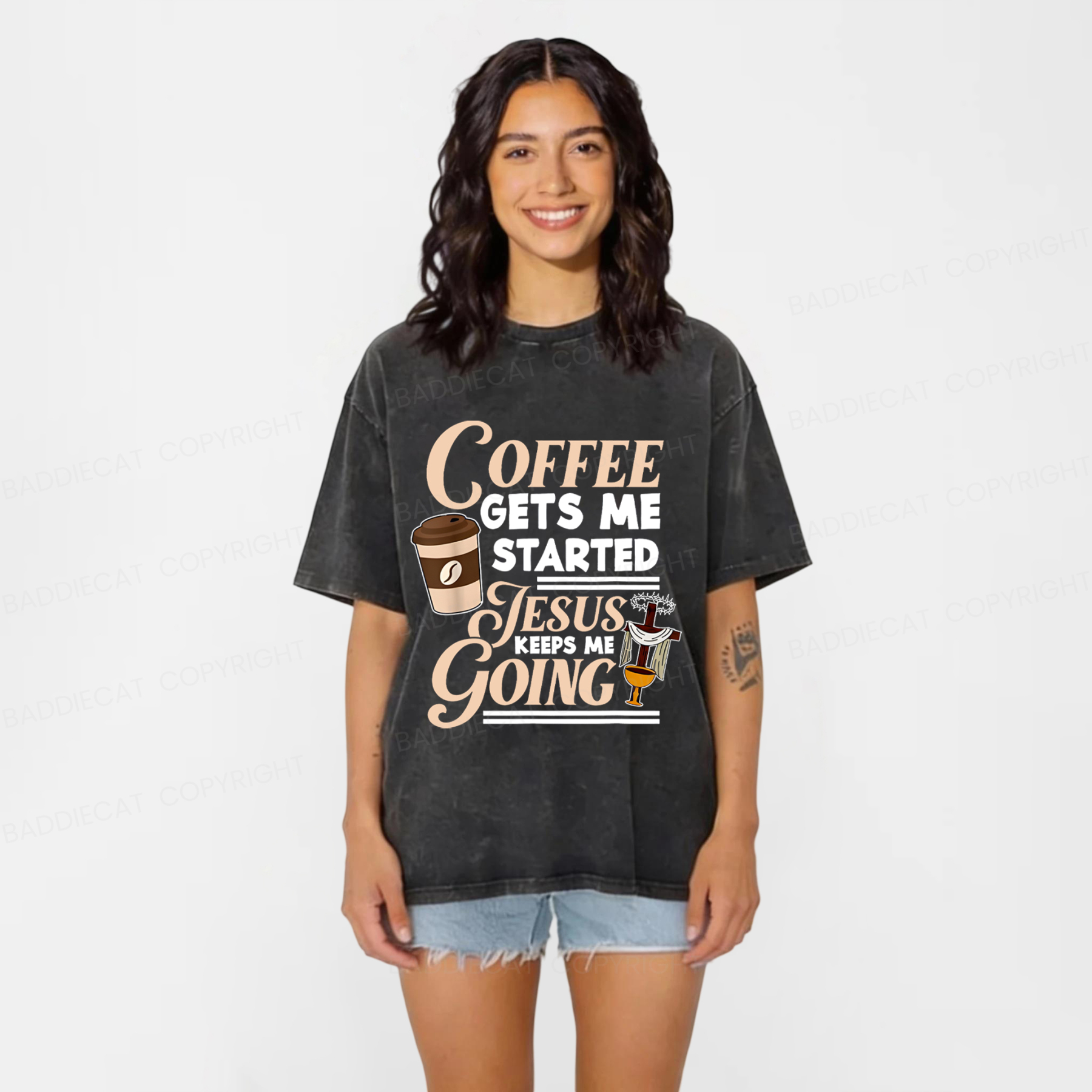 Baddiecat Jesus Christian Faith Washed T-shirt