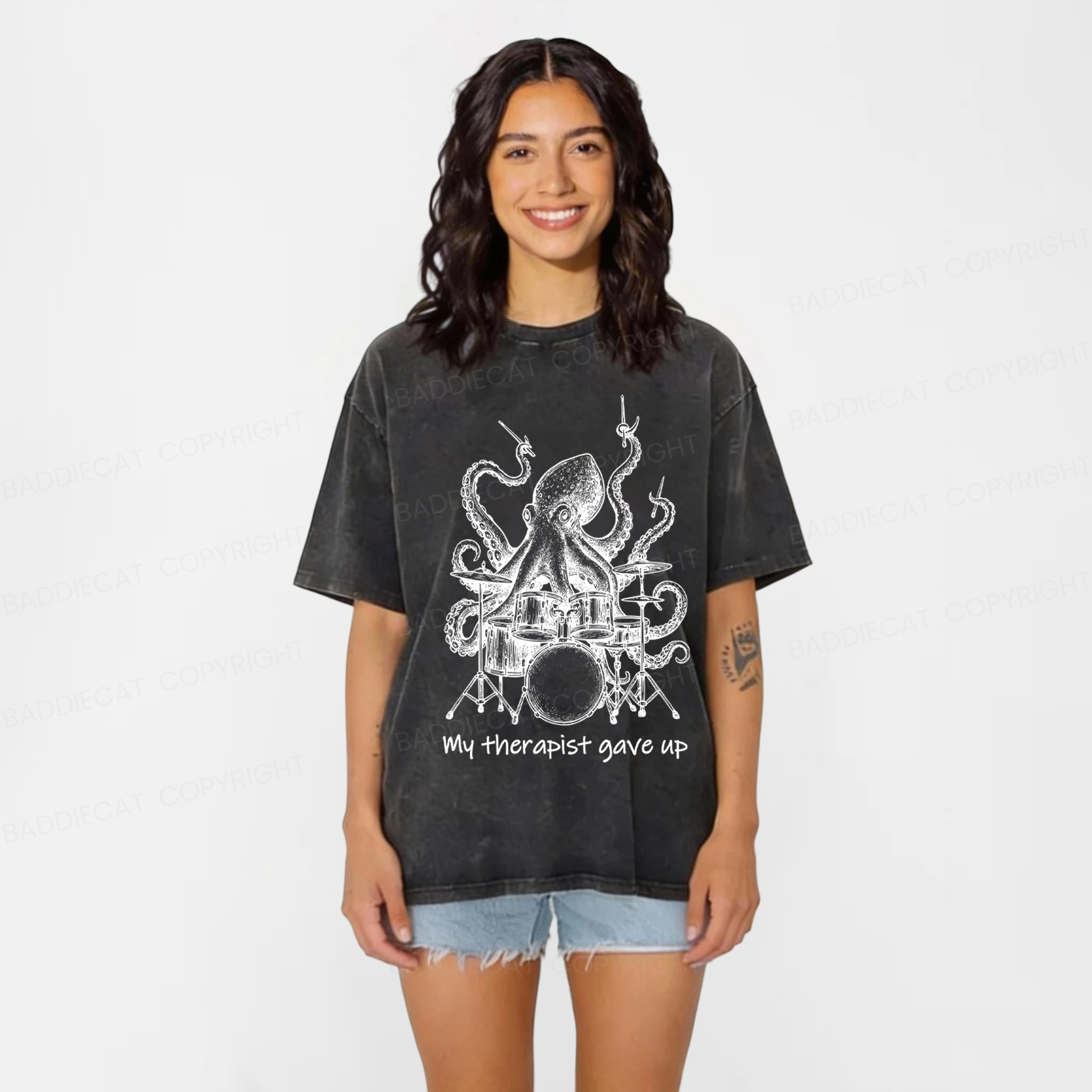 Baddiecat Octopus Playing Drums Washed T-shirt