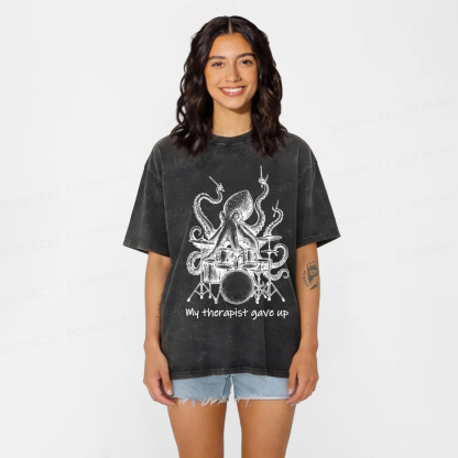 Baddiecat Octopus Playing Drums Washed T-shirt