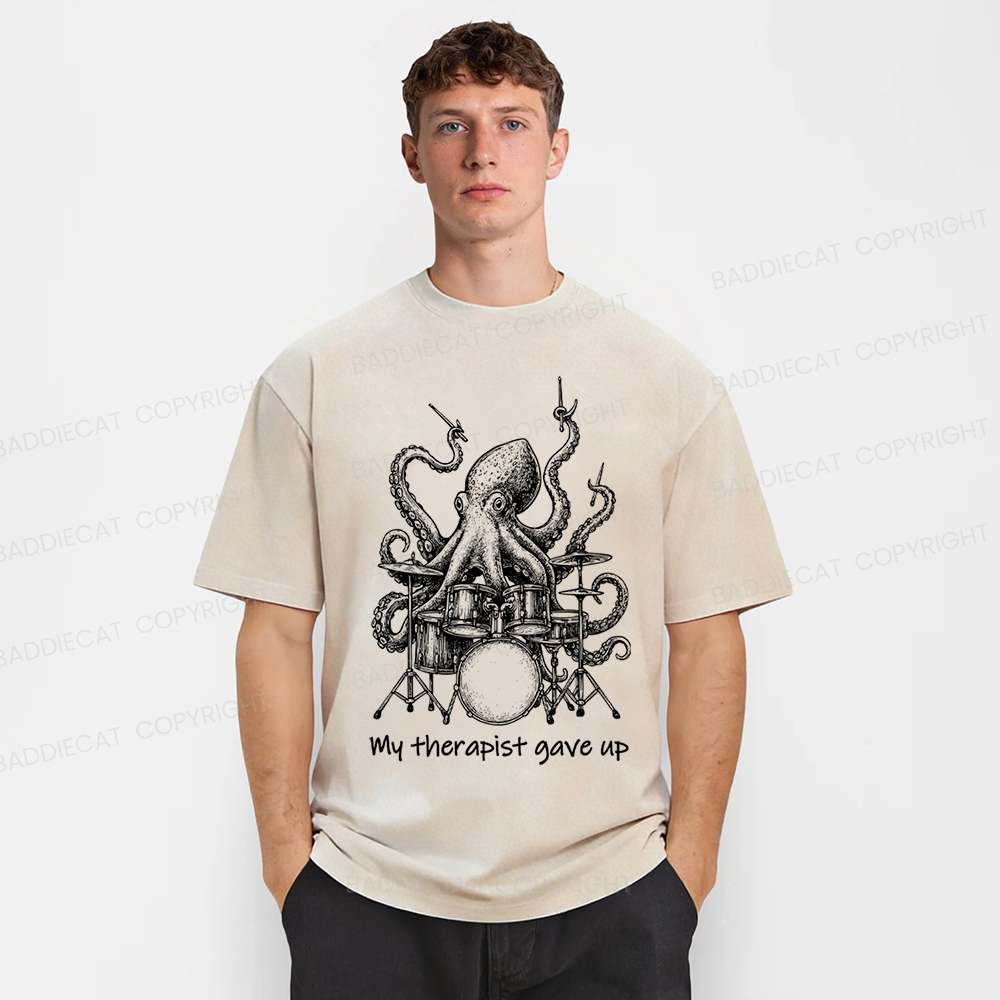 Baddiecat Octopus Playing Drums Washed T-shirt