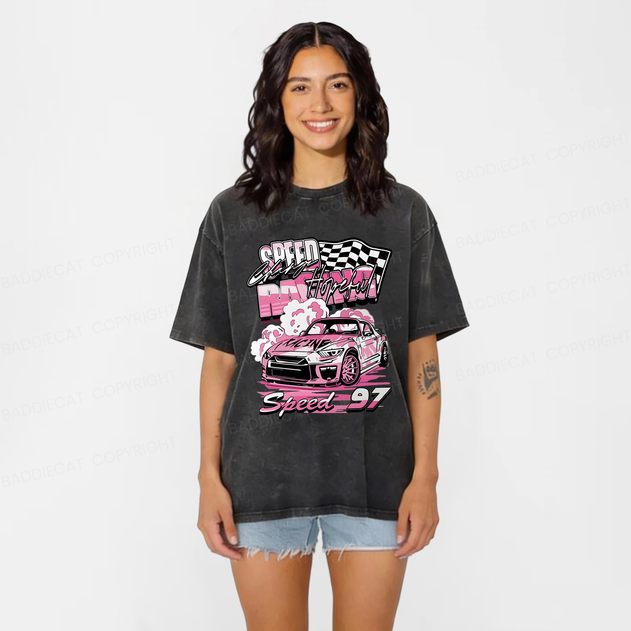 Baddiecat Pink Race Car Speed 97 Washed T-shirt
