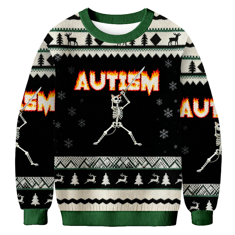 Baddiecat Autism Cat Skeleton Christmas Ugly Sweatshirt