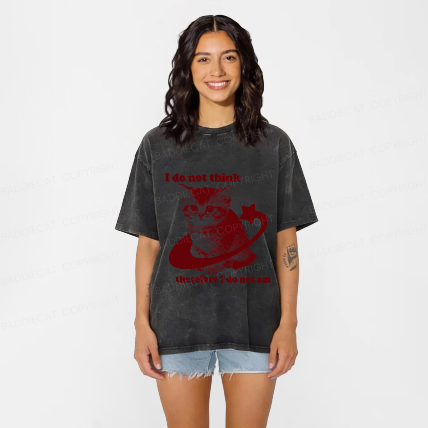 Baddiecat I Do Not Think Therefore I Do Not Am Funny Y2k Washed T-shirt