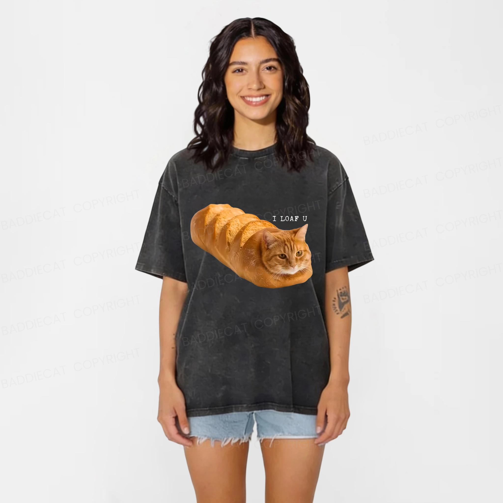 Baddiecat Cat Bread Funny Meme Washed T-shirt