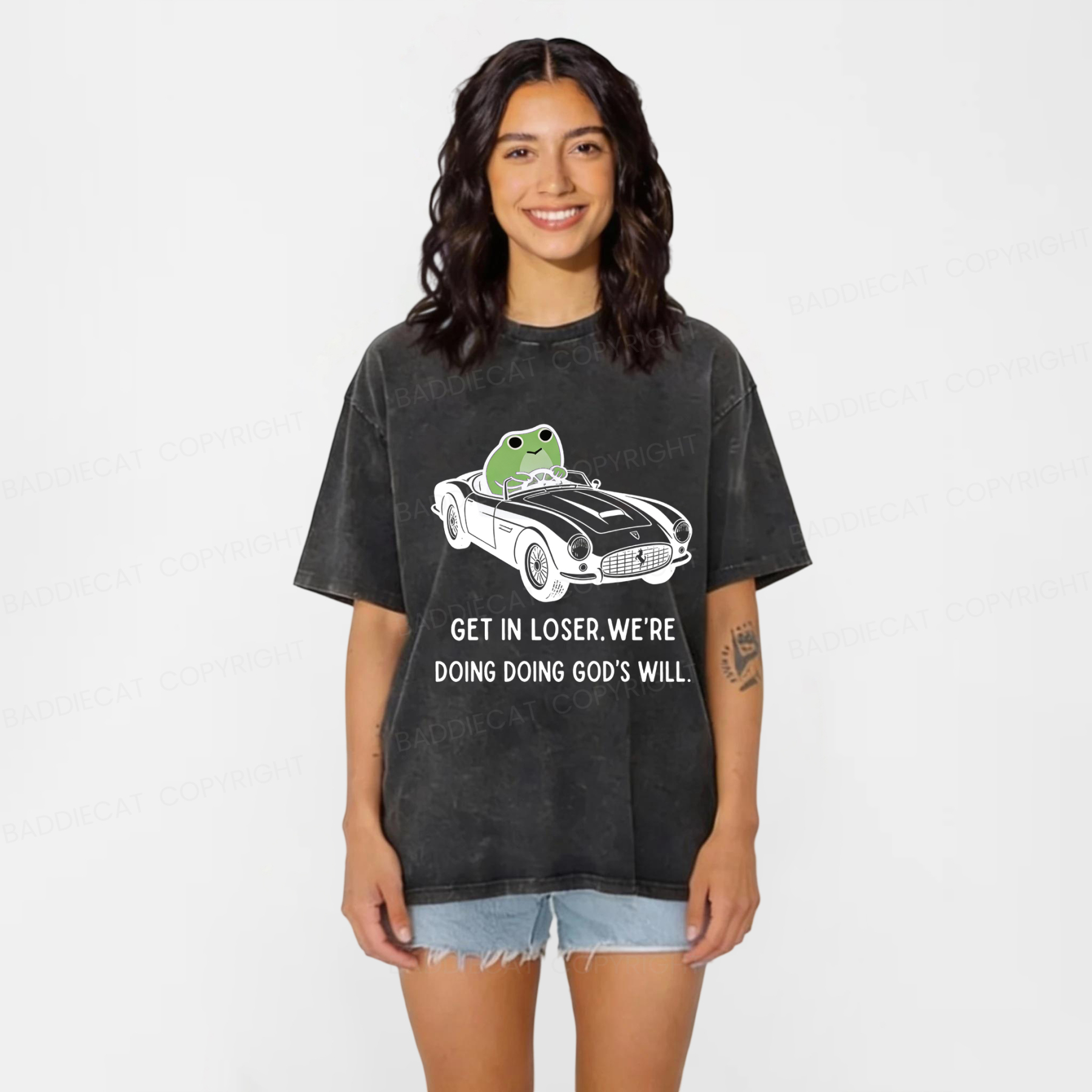 Baddiecat Frog Get In Loser Washed T-shirt