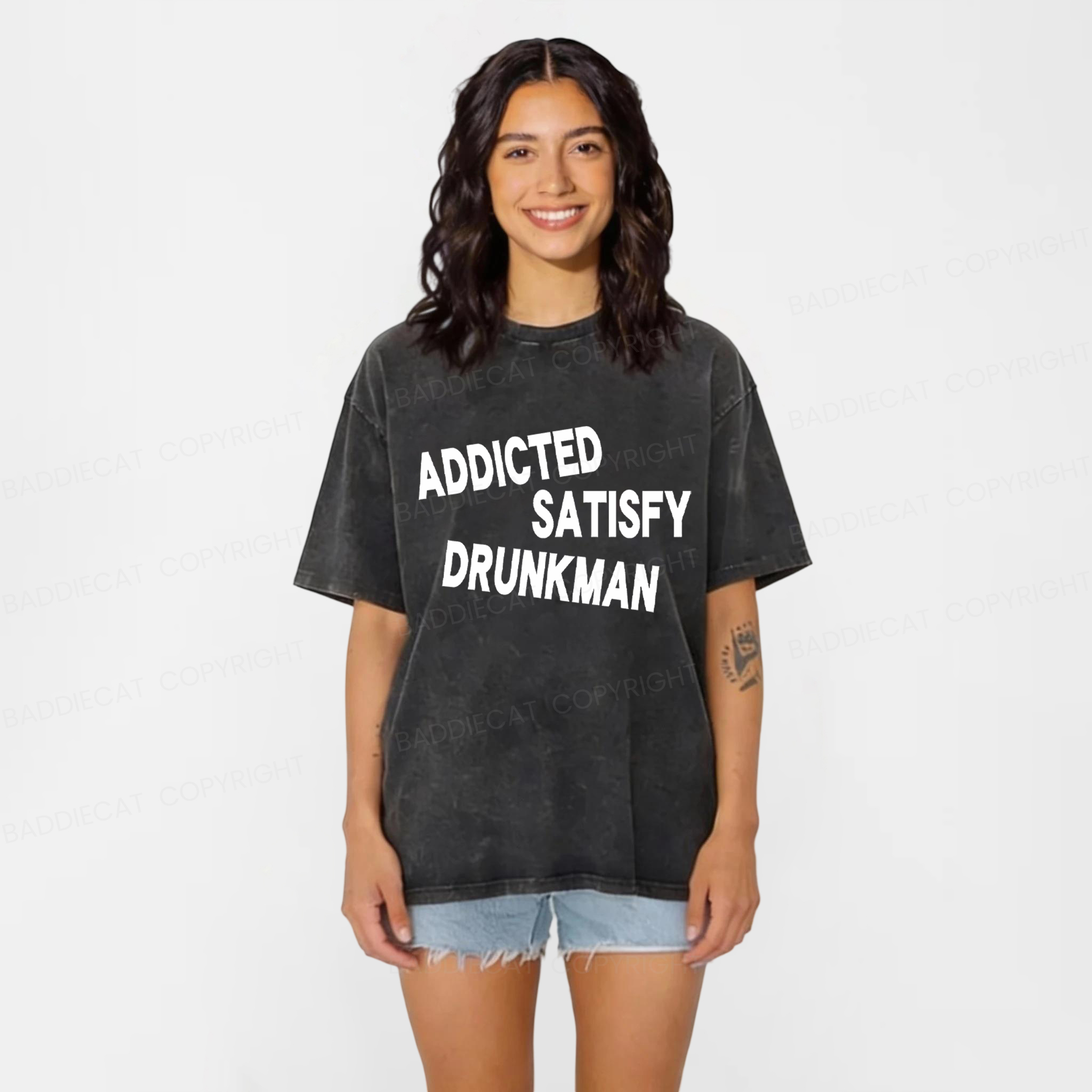 Baddiecat Addicted Satisfy Drunkman Washed T-Shirt