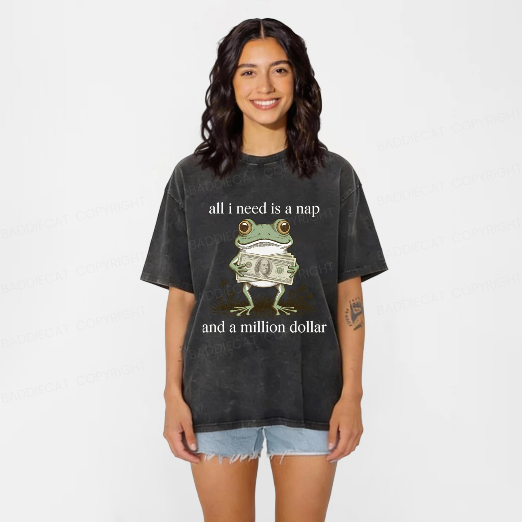 Baddiecat Frog All I Need Is A Nap And A Million Dollar Washed T-shirt