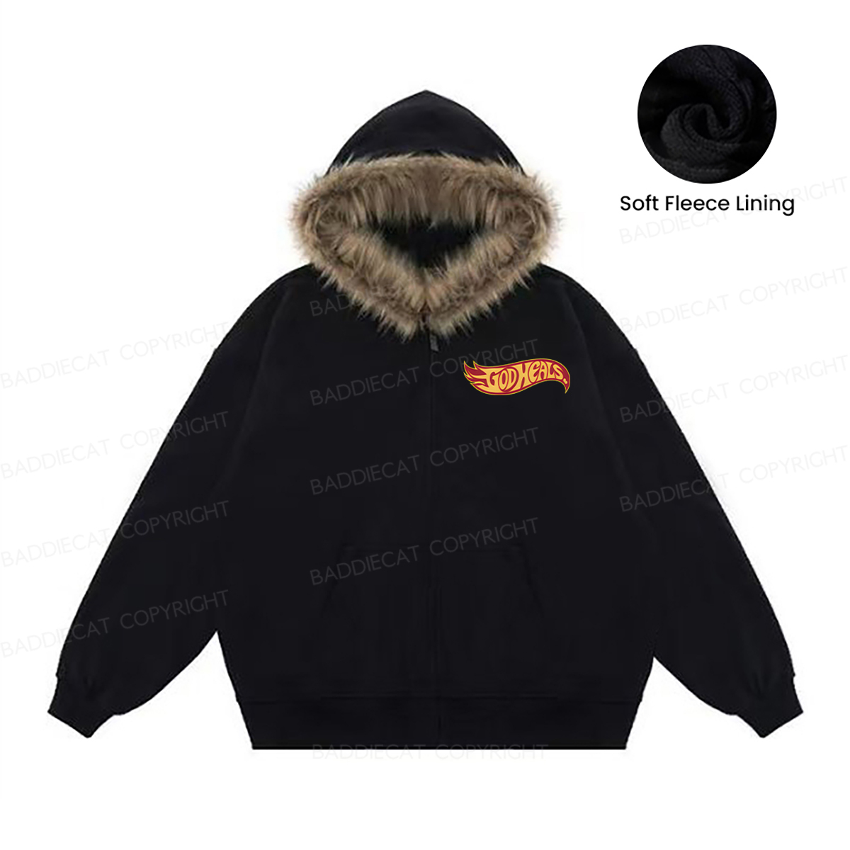 Baddiecat GOD HEALS Faux-fur–trimmed Hood Fleece Jacket