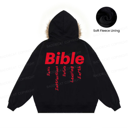 Baddiecat Bible Basic Instructions Before Leaving Earth Faux-fur–trimmed Hood Fleece Jacket