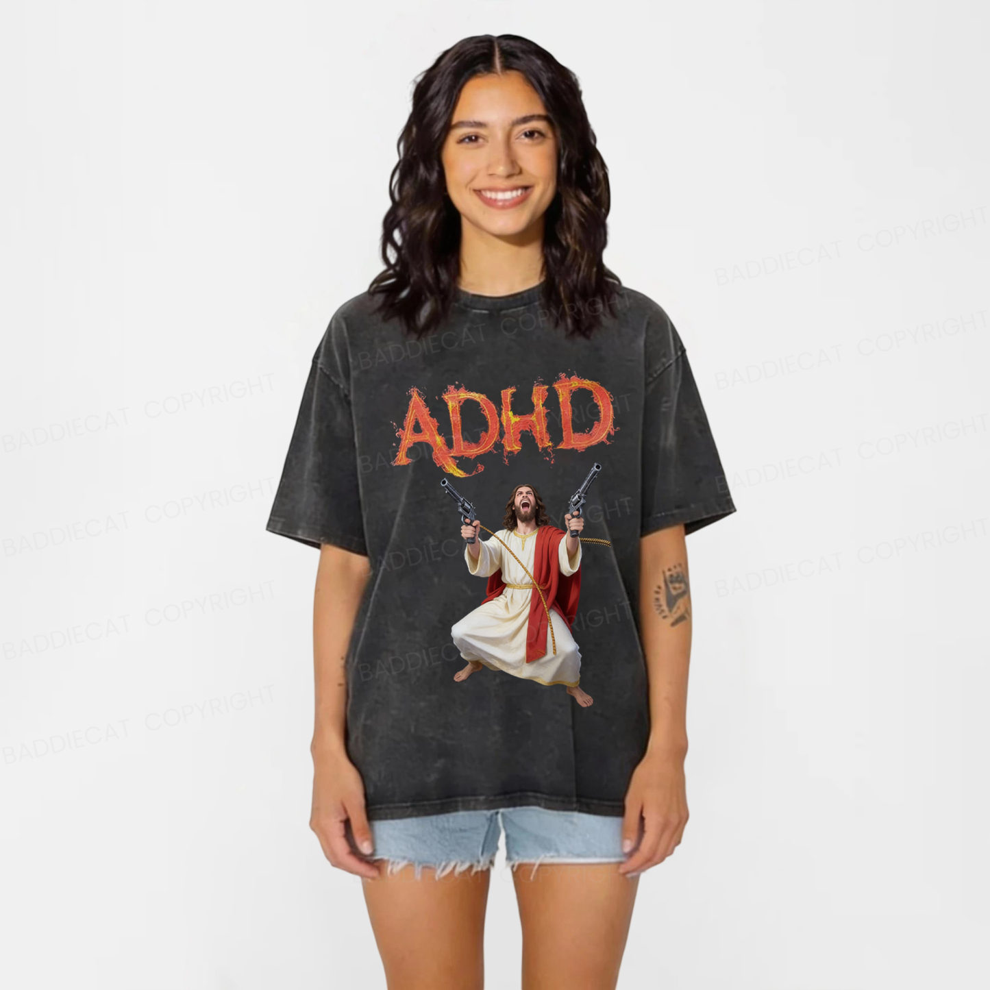 Baddiecat Jesus Adhd Funny Washed T-Shirt