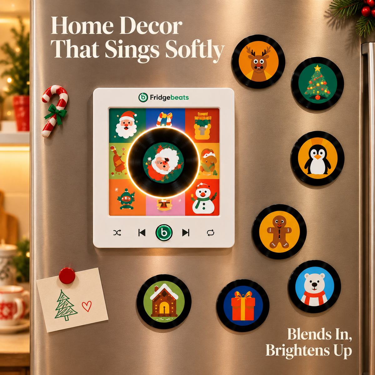 Lecteur De Musique De Noël Magnétique Pour Réfrigérateur – Décoration Festive De Style Vinyle Avec 9 Icônes De Vacances Et Lumière LED