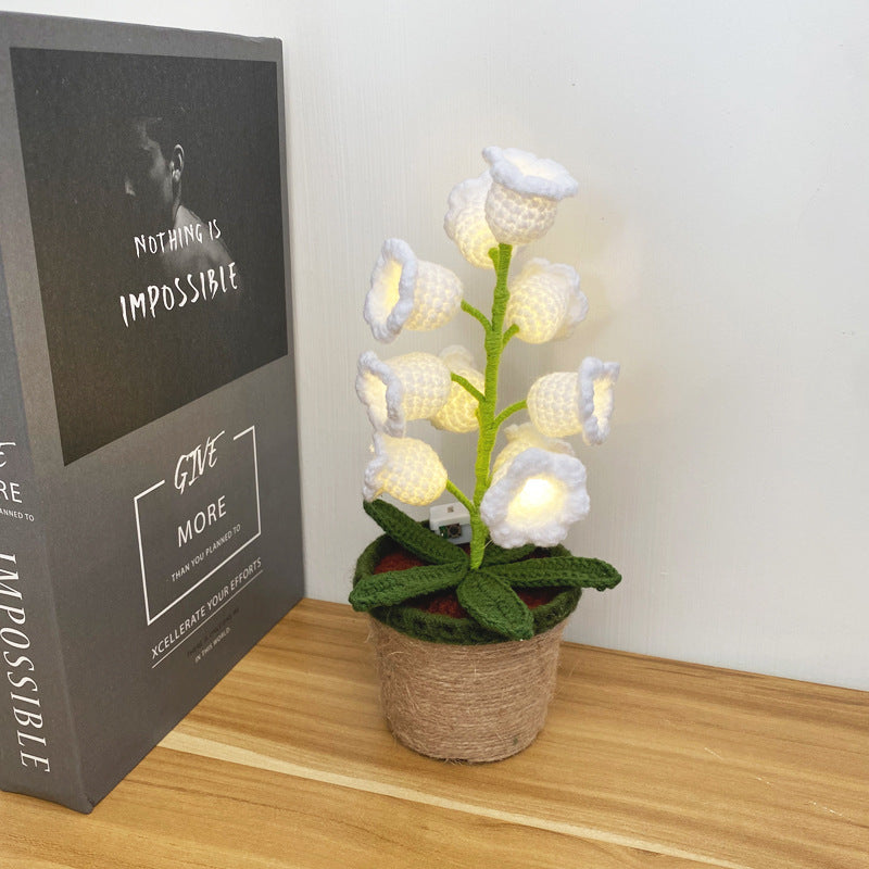 Lampe Légère De Plante En Pot De Lys Faite À La Main Au Crochet, Lys De La Vallée, Produit Fini, Décoration De Fleurs Tricotées, Cadeau De Petite Amie À 3 Modes Flash