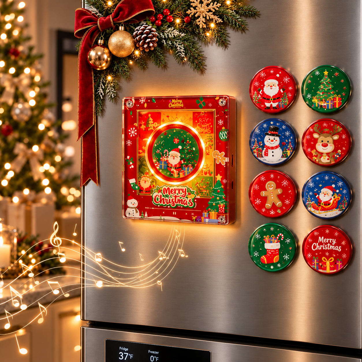Cadeaux De Noël Aimant De Réfrigérateur En Vinyle Photo Et Musique Personnalisé Avec Enregistrement Rotatif - Enregistrement Personnalisé Avec Lumière LED Dynamique Fridgebeats V6.0