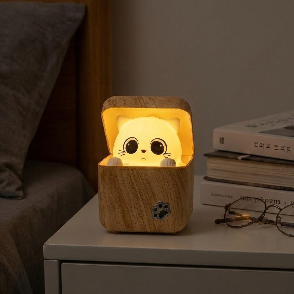 Lampe LED en bois avec chat Peekaboo mignon, veilleuse à intensité variable, 3 couleurs, avec télécommande