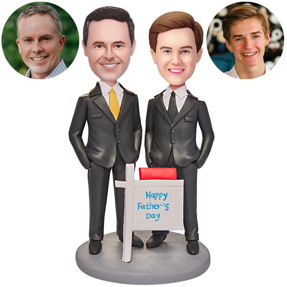 Cadeau De Fête Des Pères Père Et Fils En Costumes Bobblehead Personnalisé Avec Texte Gravé